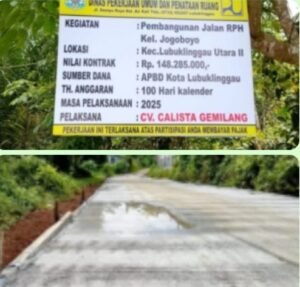 Proyek pembangunan jalan menuju Rumah Potong Hewan (RPH) di RT 08, Kelurahan Joko Boyo, Kecamatan Lubuklinggau Utara II,,kamis 09/10/2025: