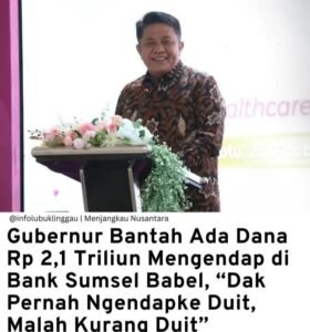 Gubernur Sumatera Selatan Herman Deru membantah adanya dana sebesar Rp 2,1 triliun milik Pemprov Sumsel yang disebut mengendap di Bank Sumsel Babel,minggu 02/11/2025: