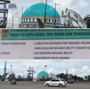 Rehabilitasi kubah Masjid Agung Darussalam Kabupaten Musi Rawas akhirnya tampak rampung,,